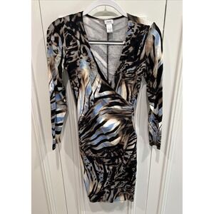 Vintage Cache Faux Wrap Dress Size Small Animal Zebra Print Long Sleeve Stretch